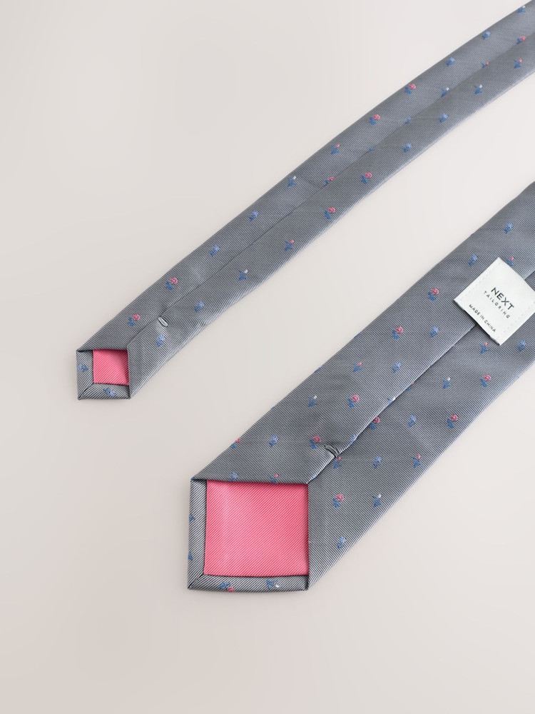 Grey Floral Print Tie - Image 5 of 5
