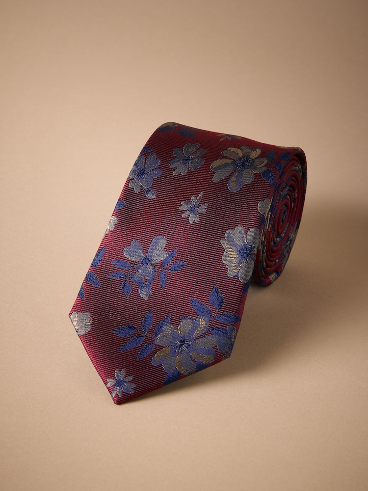 Red Italian Silk Floral Print Design Tie - Image 1 of 3