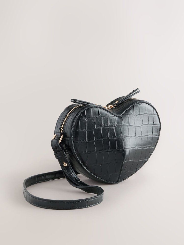 Rockett St George Black Croc Effect Heart Cross-Body Bag - Image 2 of 5