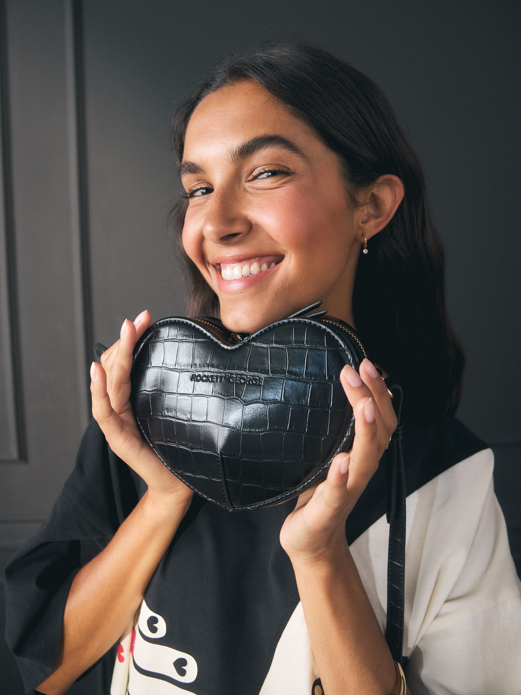 Buy Rockett St George Black Croc Effect Heart Cross-Body Bag from