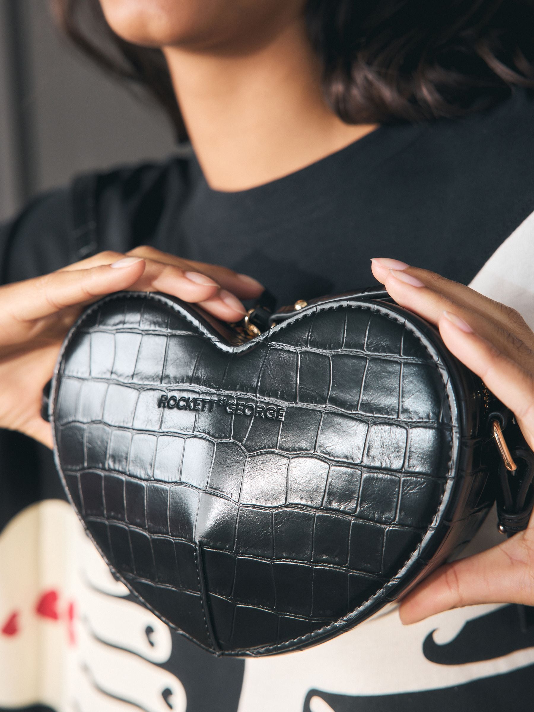Buy Rockett St George Black Croc Effect Heart Cross-Body Bag from
