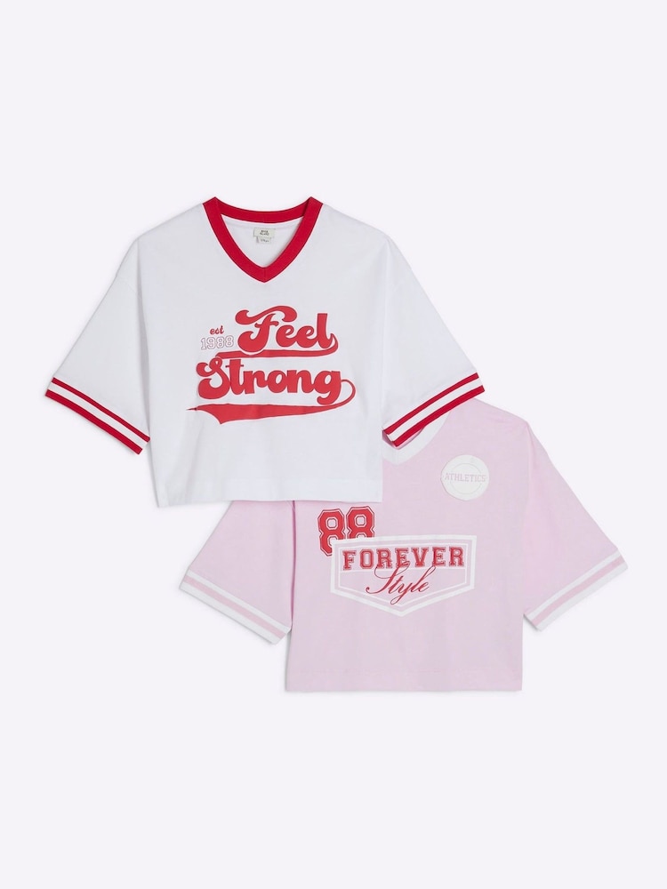 River Island Red Girls Red Crop 100% Cotton T-Shirts 2 Pack - Image 1 of 4