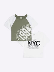 River Island Green Girls Crop 100% Cotton T-Shirts 2 Pack - Image 1 of 4