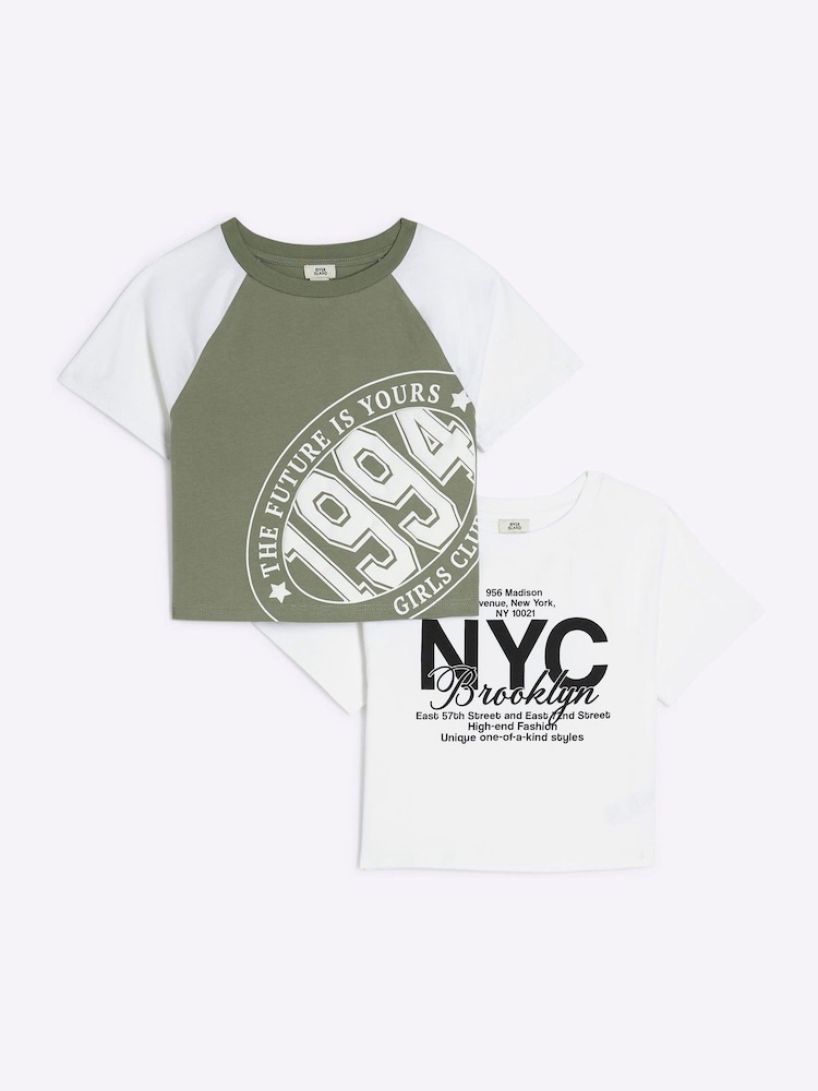 River Island Green Girls Crop 100% Cotton T-Shirts 2 Pack - Image 1 of 4 River Island Green Girls Crop 100% Cotton T-Shirts 2 Pack - Image 1 of 4