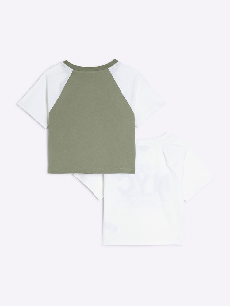 River Island Green Girls Crop 100% Cotton T-Shirts 2 Pack - Image 2 of 4 River Island Green Girls Crop 100% Cotton T-Shirts 2 Pack - Image 2 of 4