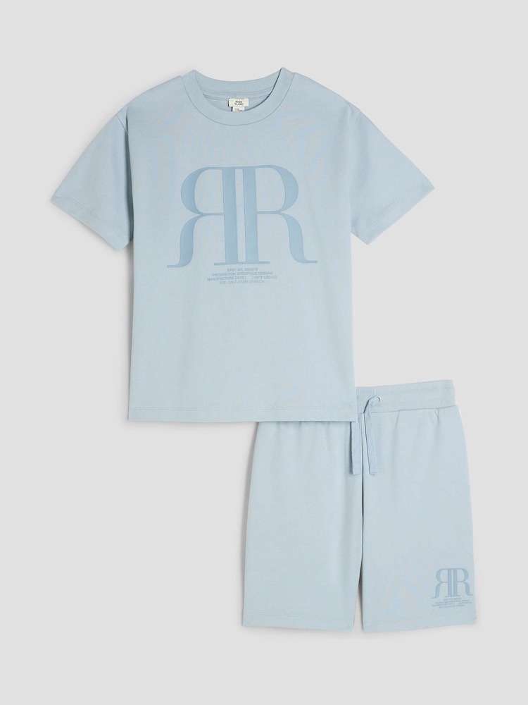 River Island Blue RR 100% Cotton T-Shirt and Shorts Set - Image 1 of 4