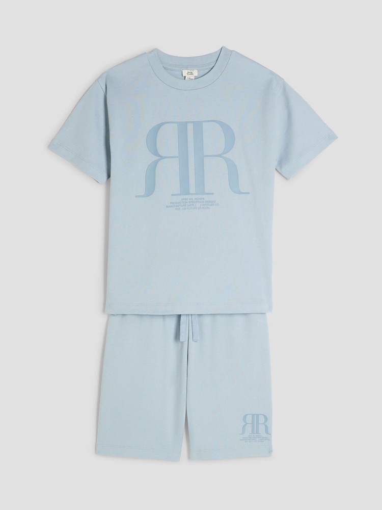 River Island Blue Boys RR 100% Cotton T-Shirt and Shorts Set - Image 1 of 1