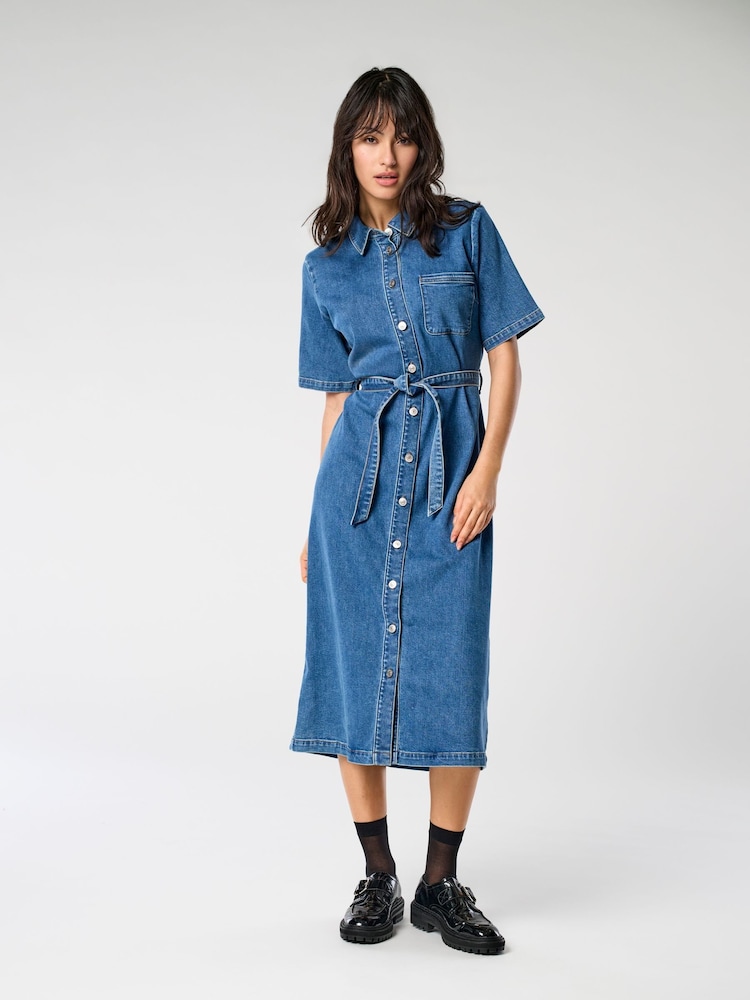 ONLY Blue Short Sleeve Belted Denim Midi Dress - Image 1 of 8