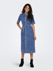 ONLY Blue Short Sleeve Belted Denim Midi Dress - Image 2 of 8