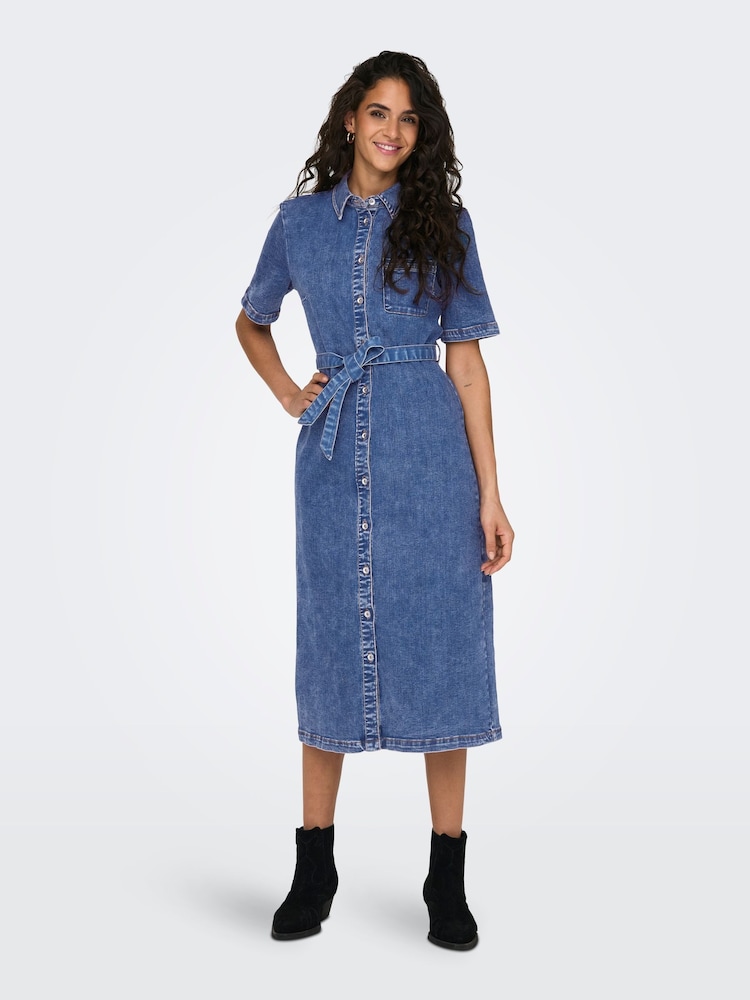 ONLY Blue Short Sleeve Belted Denim Midi Dress - Image 2 of 8