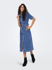 ONLY Blue Short Sleeve Belted Denim Midi Dress - Image 5 of 8