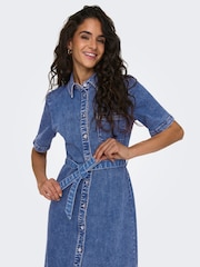 ONLY Blue Short Sleeve Belted Denim Midi Dress - Image 6 of 8