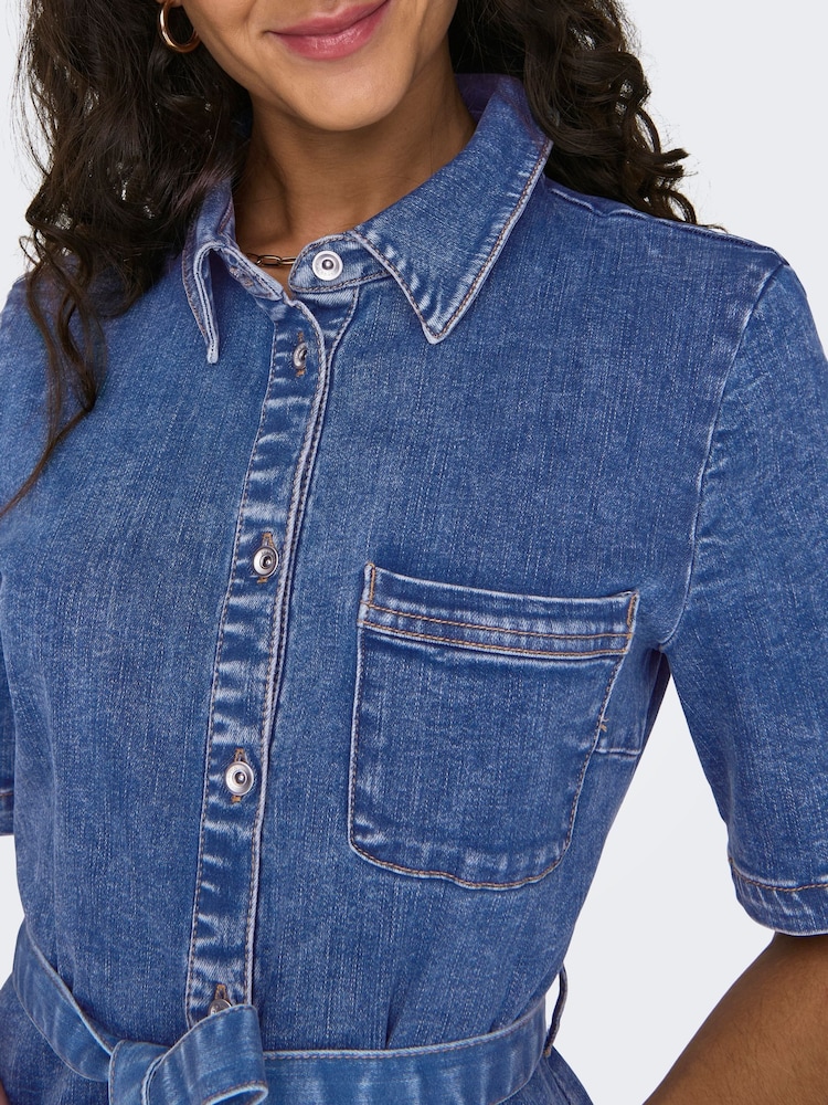 ONLY Blue Short Sleeve Belted Denim Midi Dress - Image 7 of 8