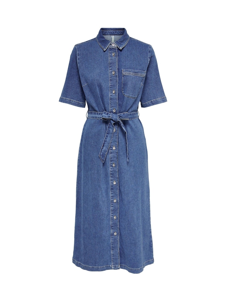 ONLY Blue Short Sleeve Belted Denim Midi Dress - Image 8 of 8