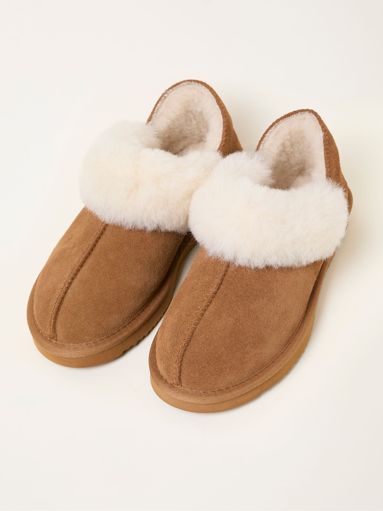 FatFace Tan Brown Sheepskin Fold Down Slipper - Image 2 of 3 FatFace Tan Brown Sheepskin Fold Down Slipper - Image 2 of 3