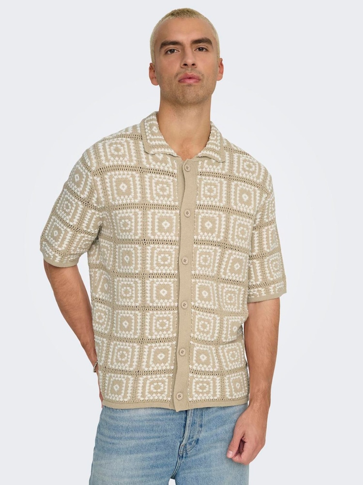 Only & Sons Natural Relaxed Fit Crochet Shirt - Image 4 of 8