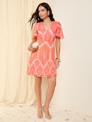 Friends Like These Red Pink Geo Chiffon Ruche Waist Mini Dress - Image 3 of 4