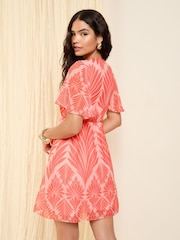 Friends Like These Red Pink Geo Chiffon Ruche Waist Mini Dress - Image 4 of 4