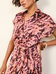 Friends Like These Pink Animal Short Sleeve Satin Wrap Midi Dress - Image 2 of 4