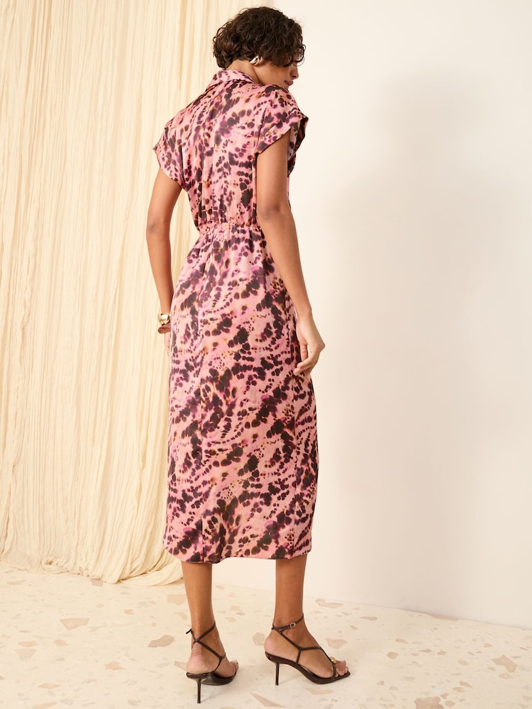Friends Like These Pink Animal Short Sleeve Satin Wrap Midi Dress - Image 4 of 4