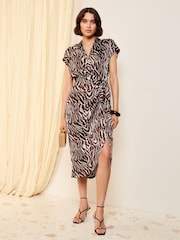 Friends Like These Chocolate Brown Short Sleeve Satin Wrap Midi Dress - Image 1 of 4