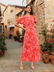 Friends Like These Orange Raglan Puff Sleeve Tiered Midi Dress - Image 3 of 4