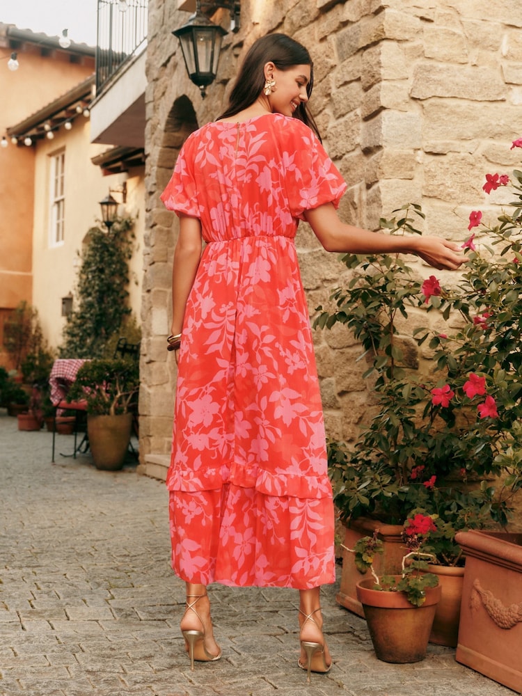 Friends Like These Orange Raglan Puff Sleeve Tiered Midi Dress - Image 4 of 4