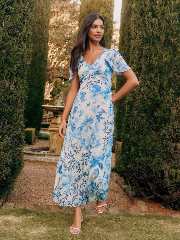 Friends Like These Blue Chiffon V-Neck Angel Sleeve Midi Dress - Image 1 of 4