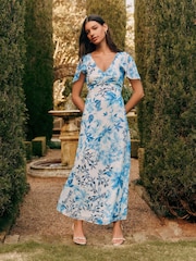 Friends Like These Blue Chiffon V-Neck Angel Sleeve Midi Dress - Image 3 of 4