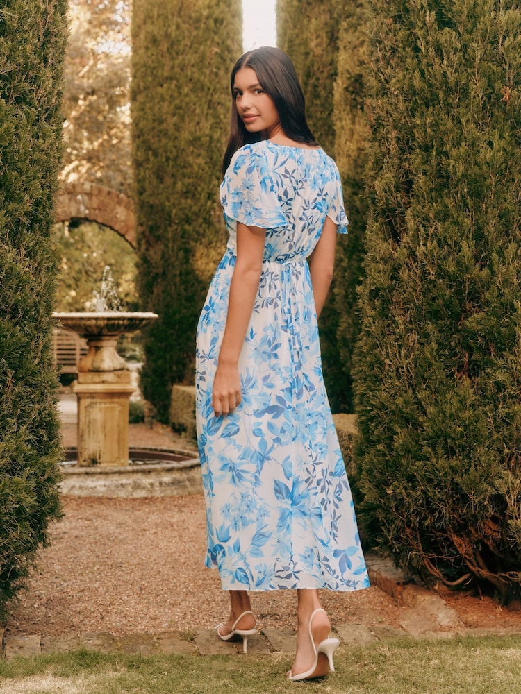 Friends Like These Blue Chiffon V-Neck Angel Sleeve Midi Dress - Image 4 of 4