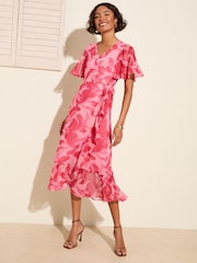 Friends Like These Pink Floral Chiffon Mix Flutter Sleeve Wrap Dress - Image 1 of 4