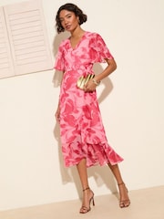 Friends Like These Pink Floral Chiffon Mix Flutter Sleeve Wrap Dress - Image 2 of 4
