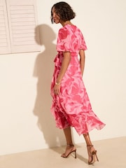 Friends Like These Pink Floral Chiffon Mix Flutter Sleeve Wrap Dress - Image 3 of 4