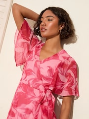 Friends Like These Pink Floral Chiffon Mix Flutter Sleeve Wrap Dress - Image 4 of 4