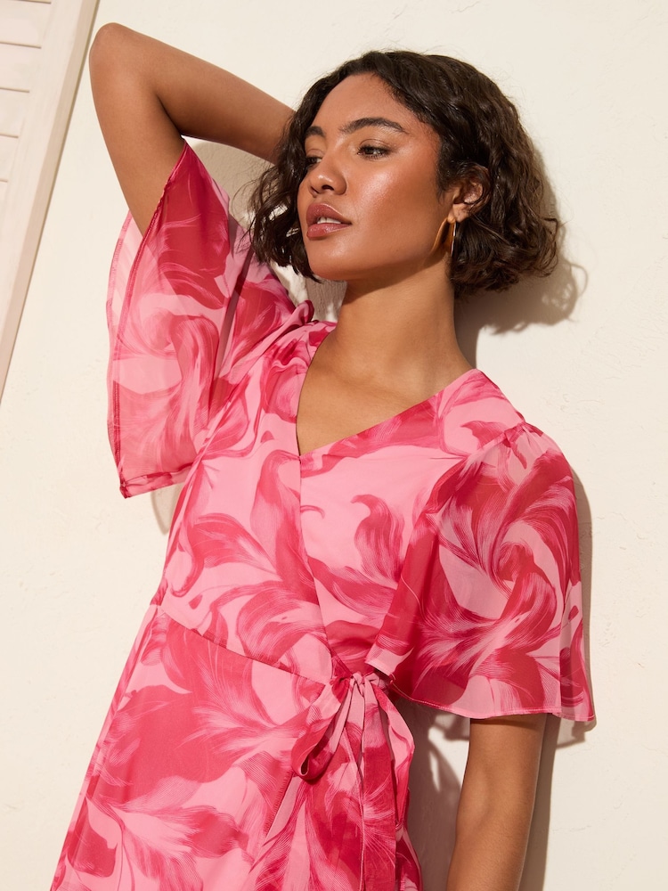 Friends Like These Pink Floral Chiffon Mix Flutter Sleeve Wrap Dress - Image 4 of 4