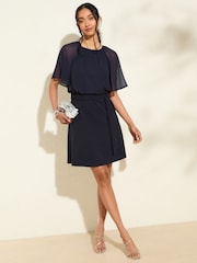Friends Like These Navy Blue Scuba Chiffon Flutter Sleeve Mini Dress - Image 1 of 5