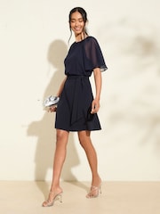 Friends Like These Navy Blue Scuba Chiffon Flutter Sleeve Mini Dress - Image 4 of 5