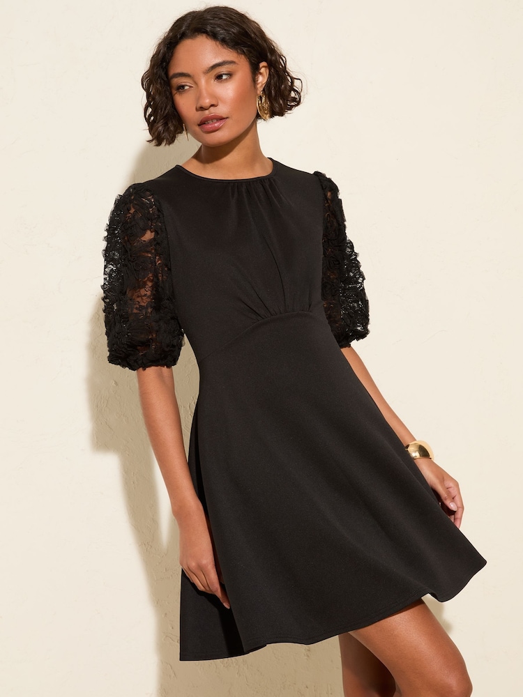 Friends Like These Black Floral Print 3D Lace Sleeve Scuba Mini Dress - Image 1 of 4