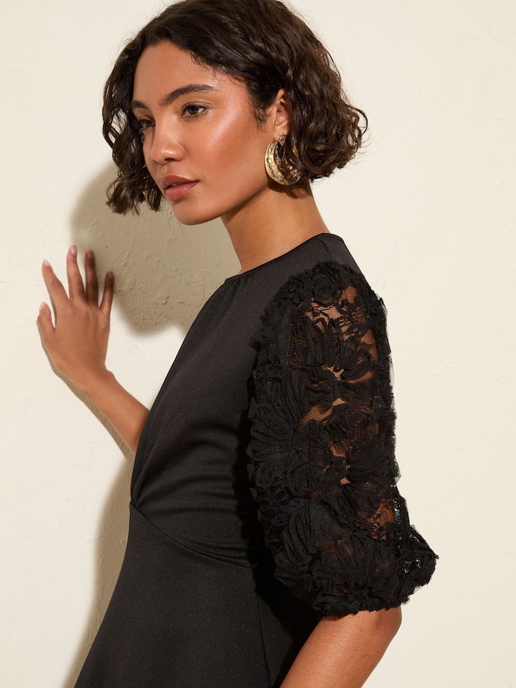 Friends Like These Black Floral Print 3D Lace Sleeve Scuba Mini Dress - Image 2 of 4