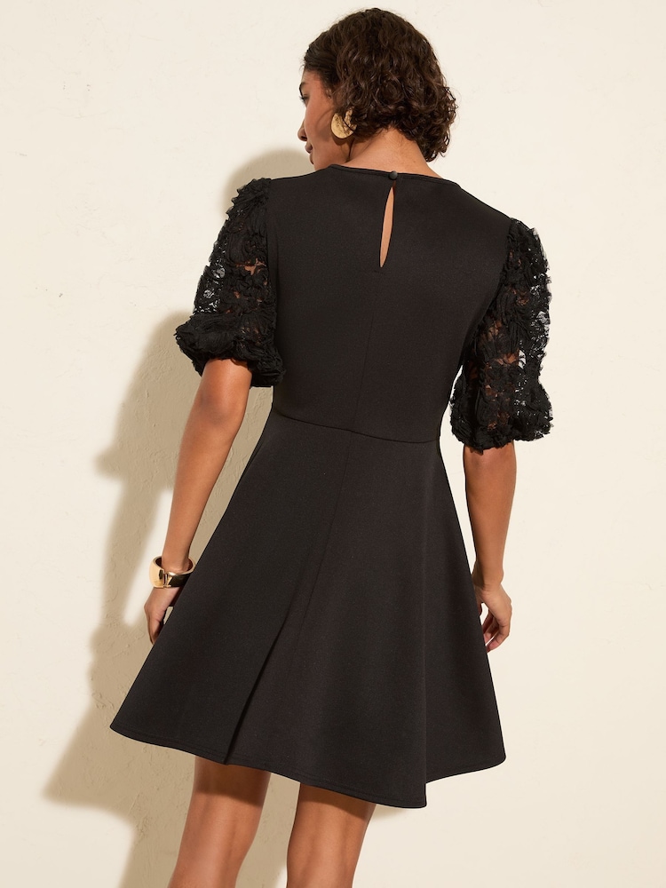 Friends Like These Black Floral Print 3D Lace Sleeve Scuba Mini Dress - Image 4 of 4