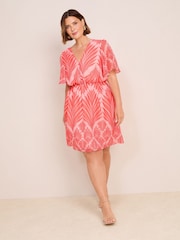 Friends Like These Red Pink Geo Curve Chiffon Ruche Waist Mini Dress - Image 1 of 4