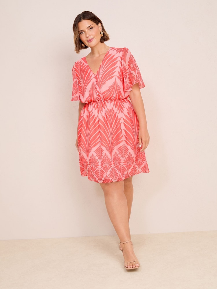 Friends Like These Red Pink Geo Curve Chiffon Ruche Waist Mini Dress - Image 1 of 4