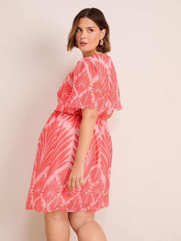 Friends Like These Red Pink Geo Curve Chiffon Ruche Waist Mini Dress - Image 4 of 4