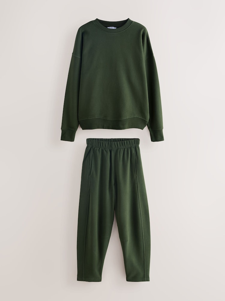 Khaki Green Supersoft Peached Essentials Crew Neck Seam Detail Sweatshirt and Joggers 2 Pack - Image 1 of 5