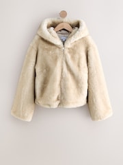 White Hooded Zip Through Faux Fur Jacket - Image 7 of 9