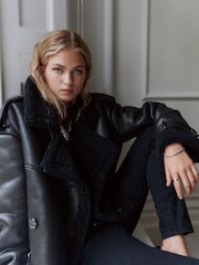 Black Faux Shearling Cropped Aviator Jacket - Image 2 of 9