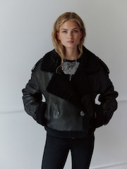 Black Faux Shearling Cropped Aviator Jacket - Image 3 of 9