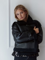 Black Faux Shearling Cropped Aviator Jacket - Image 4 of 9