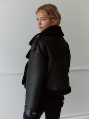 Black Faux Shearling Cropped Aviator Jacket - Image 5 of 9