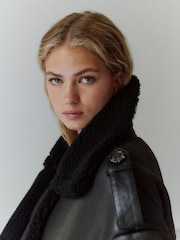 Black Faux Shearling Cropped Aviator Jacket - Image 6 of 9